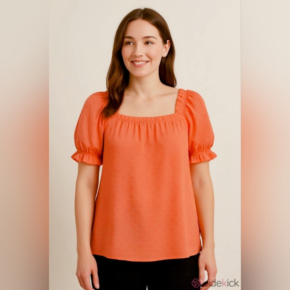 CeCe Orange Short Puff Sleeve, Square Neck, Clip Dot Top